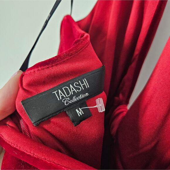 Tadashi Shoji Red Velvet V Neck Halter Midi Dress M - Picture 7 of 9